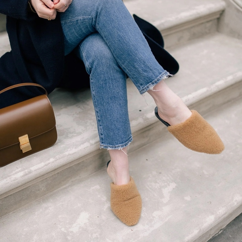 NEW Jenni Kayne Shearling Mule Slip On Flat Shoes Brown Black Leather Slides - Picture 3 of 9